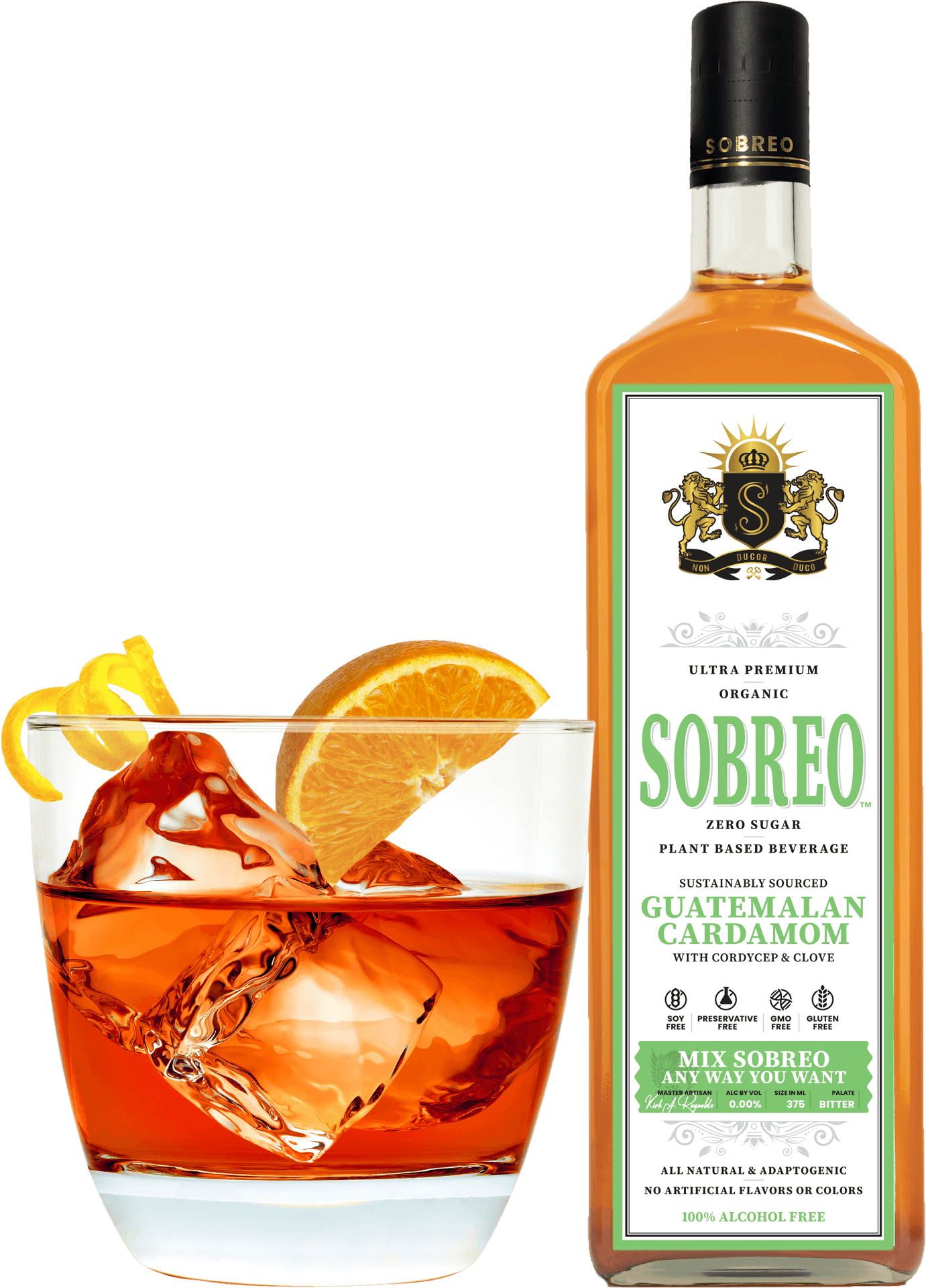 Sobreo non alcoholic cocktail and mocktail mixer in Guatemalan Cardamom Bitter flavor perfect to infuse into a Campari Spritz recipe