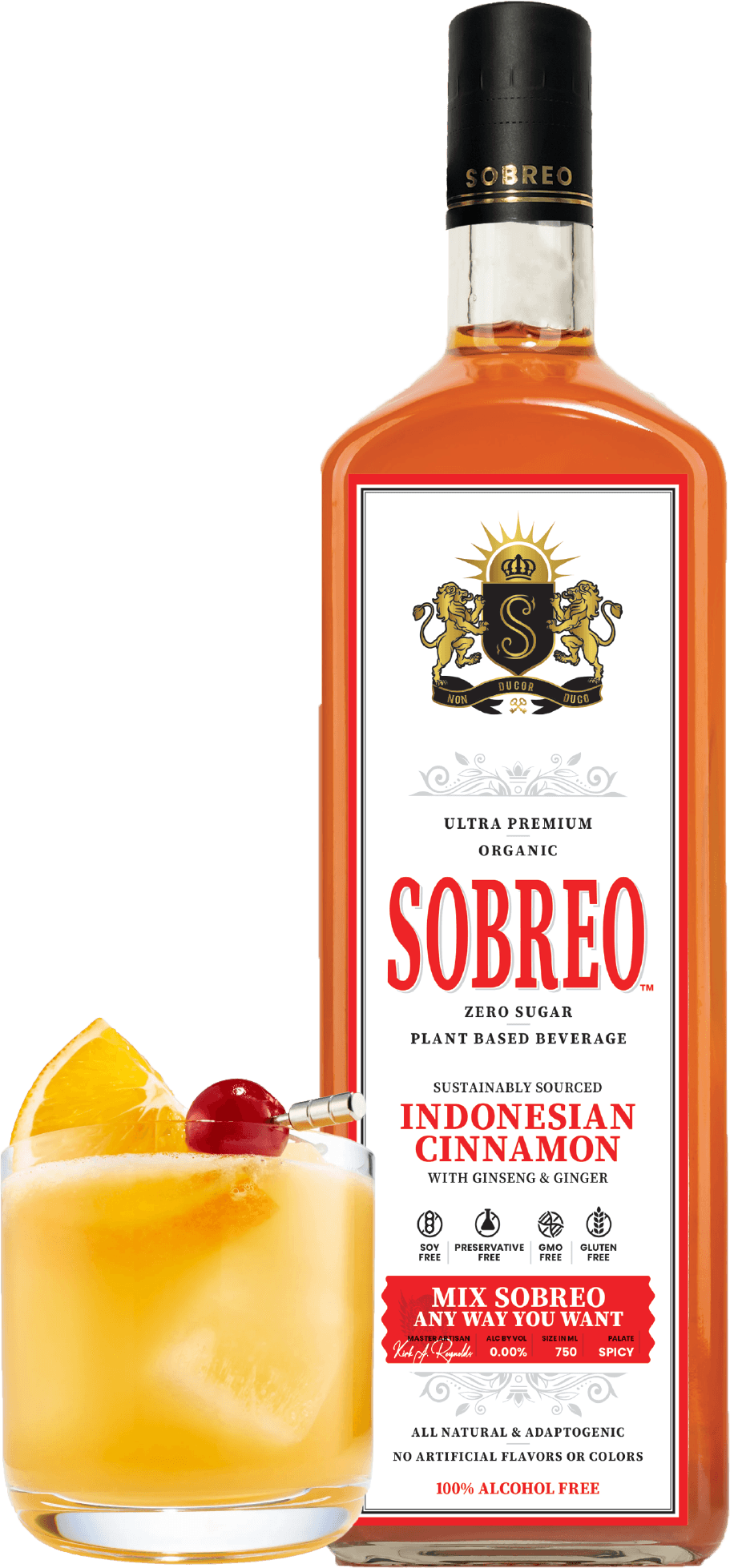Sobreo non alcoholic cocktail and mocktail mixer in Indonesian Cinnamon spicy flavor into an Old Fashioned recipe