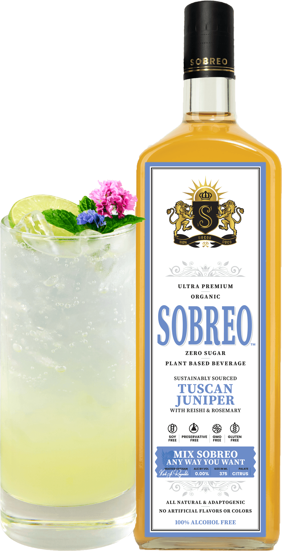 Sobreo non alcoholic cocktail and mocktail mixer in Tuscan Juniper citrus flavor perfect to infuse into a Tom Collins gin recipe