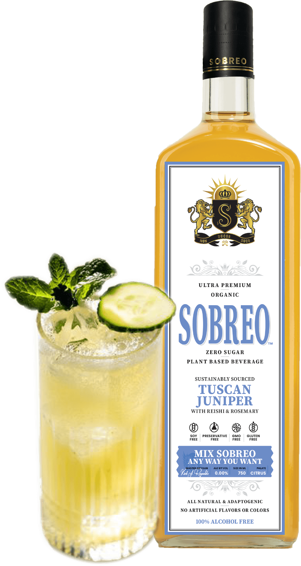 Sobreo non alcoholic cocktail and mocktail mixer in Tuscan Juniper citrus flavor perfect to infuse into a vodka martini recipe
