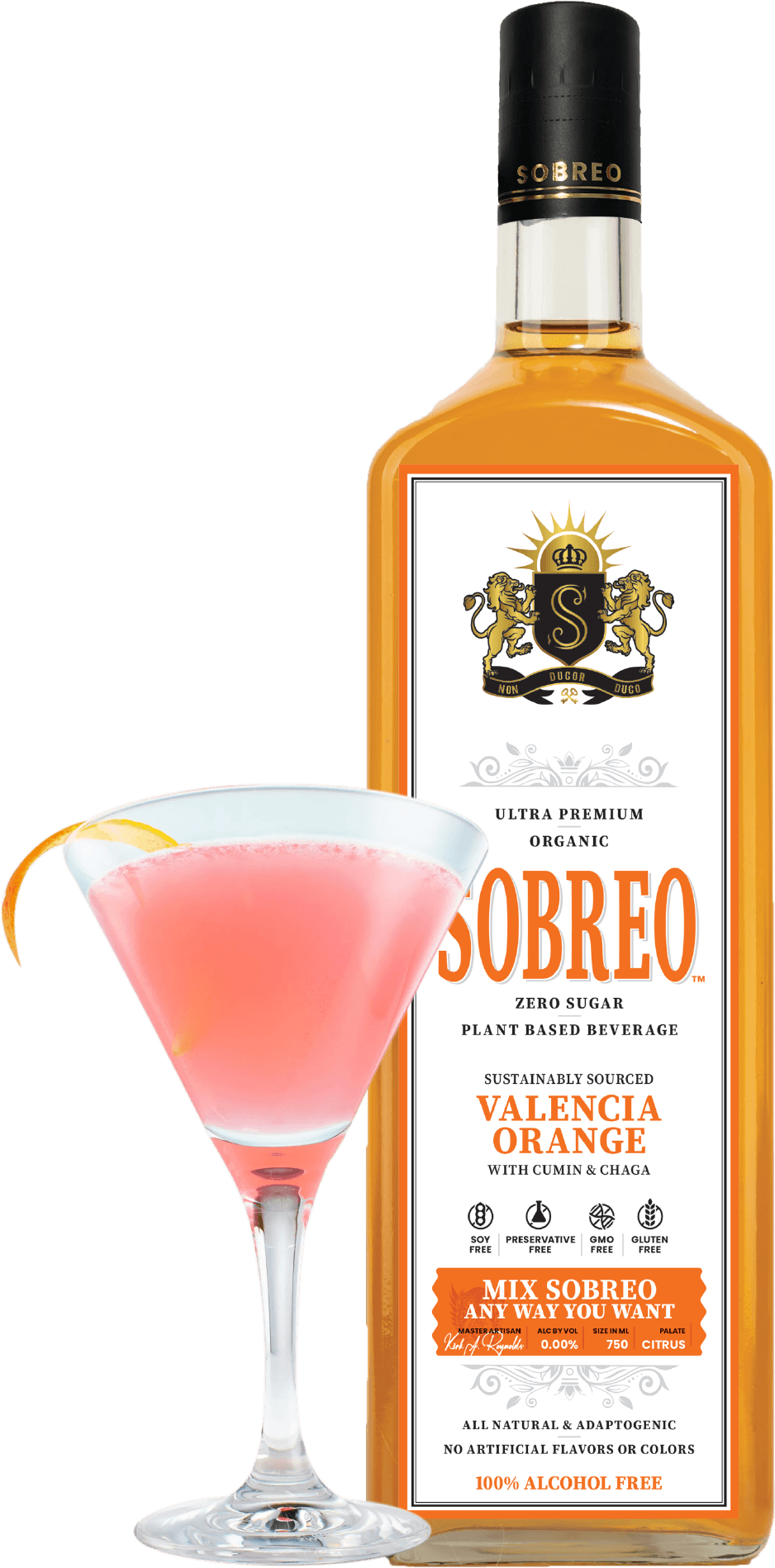Sobreo non alcoholic cocktail and mocktail mixer in Valencia Orange citrus flavor perfect to mix with non alcoholic vodka cosmopolitan mocktail
