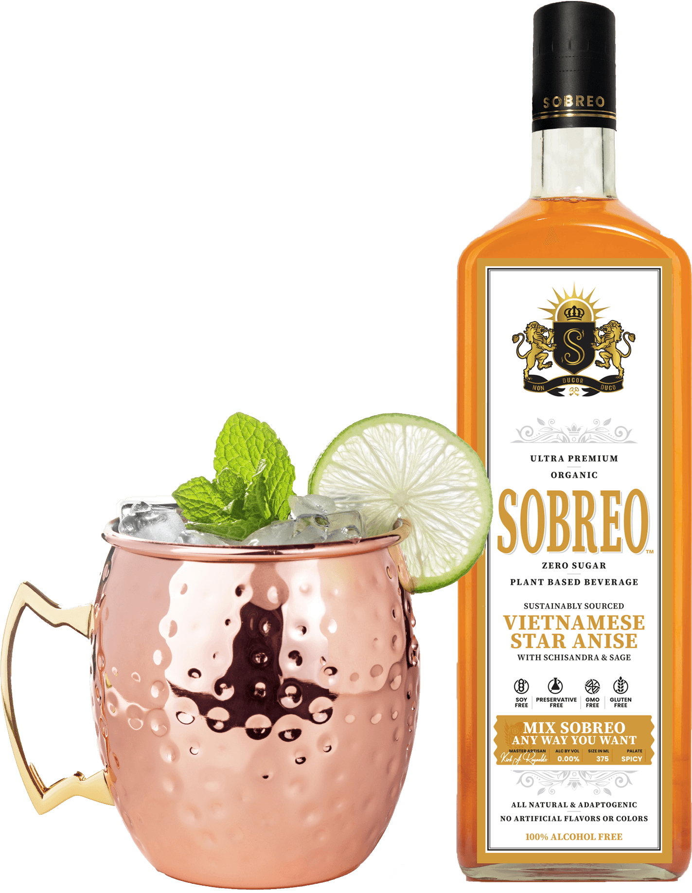 Sobreo non alcoholic cocktail and mocktail mixer in Vietnamese Star Anise spicy flavor perfect to infuse into a Moscow Mule gin recipe